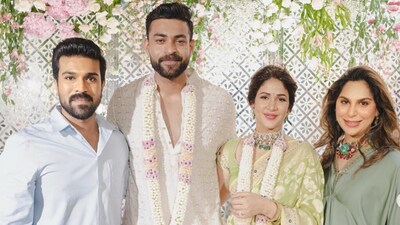 Ram Charan and Upasana Konidela with newly-engaged couple Varun and Lavanya. Ram Charan and Upasana Konidela with newly-engaged couple Varun and Lavanya.