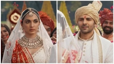 Kiara Advani and Kartik Aaryan in a still from Satyaprem Ki Katha song Aaj Ke Baad. Kiara Advani and Kartik Aaryan in a still from Satyaprem Ki Katha song Aaj Ke Baad.