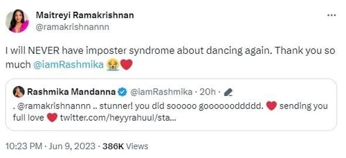 Maitreyi reacted to Rashmika's post.