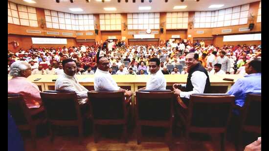 Deputy CM Brajesh Pathak, UP BJP vice president Pankaj Singh and other BJP leaders at a meeting organised by the party in Lucknow on Saturday. (Sourced)