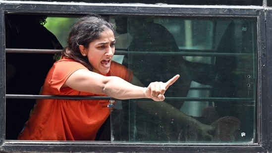 Sangeeta Phogat during wrestlers' protest march towards new Parliament building, in New Delhi, India, on Sunday, May 28, 2023. (Photo by Sanjeev Verma/ Hindustan Times)