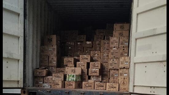 The 12-wheeler container truck at Manesar police station. (HT Photo)