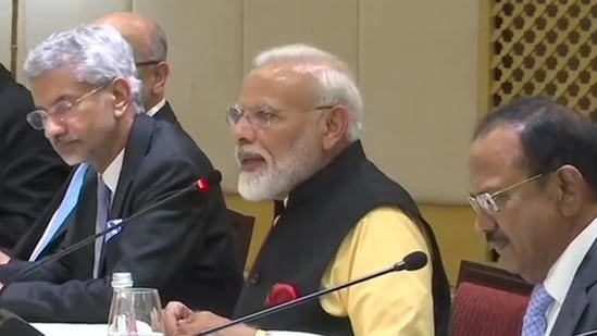 PM Narendra Modi (Centre), External Affairs Minister S Jaishankar (Left) and National Security Advisor Ajit Doval (Right). (ANI)