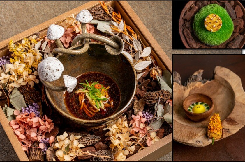 (Clockwise from above) Tresind Studio’s miso and chili tartlet with raw and ripe banana and smoked-tomato chutney; king oyster noodles with bamboo shoot and wild mushrooms in XO sauce; pickled pepper with buttermilk curry ice-cream. (Photos: Shresth Maloo) (Clockwise from above) Tresind Studio’s miso and chili tartlet with raw and ripe banana and smoked-tomato chutney; king oyster noodles with bamboo shoot and wild mushrooms in XO sauce; pickled pepper with buttermilk curry ice-cream. (Photos: Shresth Maloo)