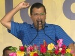 Delhi chief minister and AAP convener Arvind Kejriwal addresses the party's "maha rally" against the Centre's ordinance on control of services in the national capital, at Ramlila Maidan, in New Delhi, Sunday,