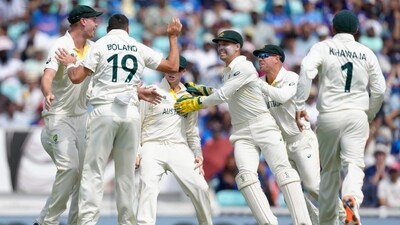 Australia players celebrate the wicket of Virat Kohli during Day 5 of the WTC Final. (AP) Australia players celebrate the wicket of Virat Kohli during Day 5 of the WTC Final. (AP)