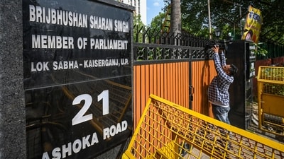 A view outside the residence of WFI president Brij Bhushan Sharan Singh after the reports of the visit of Delhi Police officials at his residence in New Delhi. (Sanchit Khanna/HT photo) A view outside the residence of WFI president Brij Bhushan Sharan Singh after the reports of the visit of Delhi Police officials at his residence in New Delhi. (Sanchit Khanna/HT photo)
