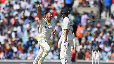 Australia's Scott Boland (L) appeals for the dismissal of India's Shubman Gill (R) during play on day 4 of the ICC World Test Championship cricket (AFP) Australia's Scott Boland (L) appeals for the dismissal of India's Shubman Gill (R) during play on day 4 of the ICC World Test Championship cricket (AFP)