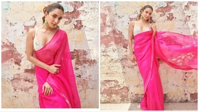 Kiara Advani is leaving no stone unturned in promoting her upcoming film Satyaprem Ki Katha. Taking ethnic fashion to a whole new level, the actor stepped out wearing a vivid pink saree. (Instagram/@kiaraaliaadvani) Kiara Advani is leaving no stone unturned in promoting her upcoming film Satyaprem Ki Katha. Taking ethnic fashion to a whole new level, the actor stepped out wearing a vivid pink saree. (Instagram/@kiaraaliaadvani)