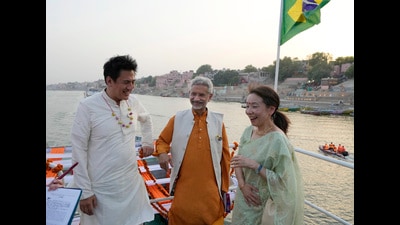 Indian Foreign Minister S. jaishankar, center, talks with Japan’s State Minister for Foreign Affairs Takei Shunsuke, left, during a boat ride in the river Ganges, in Varanasi, India, Sunday. (AP) Indian Foreign Minister S. jaishankar, center, talks with Japan’s State Minister for Foreign Affairs Takei Shunsuke, left, during a boat ride in the river Ganges, in Varanasi, India, Sunday. (AP)