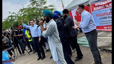 Indian students continue their indefinite protest at a site in the Greater Toronto Area on Saturday where they were joined by politicians like Conservative Party leader Pierre Poilievre (seen with hand raised). Indian students continue their indefinite protest at a site in the Greater Toronto Area on Saturday where they were joined by politicians like Conservative Party leader Pierre Poilievre (seen with hand raised).