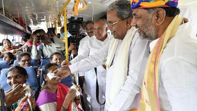 Karnataka chief minister Siddaramaiah and deputy chief minister D K Shivakumar interact with women passengers in a bus during the launch of the 'Shakti scheme' in Bengaluru on Sunday. (PTI) Karnataka chief minister Siddaramaiah and deputy chief minister D K Shivakumar interact with women passengers in a bus during the launch of the 'Shakti scheme' in Bengaluru on Sunday. (PTI)