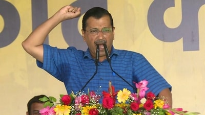 Delhi chief minister and AAP convener Arvind Kejriwal addresses the party's "maha rally" against the Centre's ordinance on control of services in the national capital, at Ramlila Maidan, in New Delhi, Sunday, (PTI) Delhi chief minister and AAP convener Arvind Kejriwal addresses the party's "maha rally" against the Centre's ordinance on control of services in the national capital, at Ramlila Maidan, in New Delhi, Sunday, (PTI)