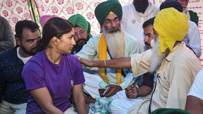 Wrestler Vinesh Phogat joined the Sanyukt Kisan Morcha (non-political)’s protest against the Punjab government outside the PSPCL headquarters in Patiala on Sunday. (PTI)