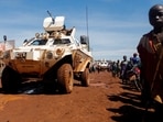 A United Nations Organization Stabilization Mission in the Democratic Republic of the Congo (MONUSCO) armoured personnel carrier (APC) drives through a road in Rhoe camp for the internally displaced people (IDPs) in Djugu's territory, Ituri's province, north-east of the Democratic Republic of Congo on April 20.