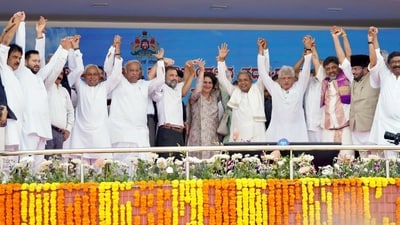 Bihar CM Nitish Kumar (fourth from left) with RJD's Tejaswi Yadav (second from left), Congress president Mallikarjun Kharge, Rahul Gandhi and Priyanka Gandhi at the swearing-in ceremony of the newly-elected Karnataka government headed by Siddaramaiah (fifth from right), last month. (ANI) Bihar CM Nitish Kumar (fourth from left) with RJD's Tejaswi Yadav (second from left), Congress president Mallikarjun Kharge, Rahul Gandhi and Priyanka Gandhi at the swearing-in ceremony of the newly-elected Karnataka government headed by Siddaramaiah (fifth from right), last month. (ANI)