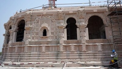 Construction work of Ram temple is underway in full swing, in Ayodhya on Saturday. (ANI Photo) (Pawan Kumar) Construction work of Ram temple is underway in full swing, in Ayodhya on Saturday. (ANI Photo) (Pawan Kumar)