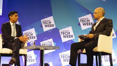 Britain's Prime Minister Rishi Sunak (left) speaks during the London Technology Week at the QEII Centre in London, on Monday. (AP) Britain's Prime Minister Rishi Sunak (left) speaks during the London Technology Week at the QEII Centre in London, on Monday. (AP)
