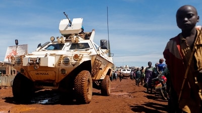 A United Nations Organization Stabilization Mission in the Democratic Republic of the Congo (MONUSCO) armoured personnel carrier (APC) drives through a road in Rhoe camp for the internally displaced people (IDPs) in Djugu's territory, Ituri's province, north-east of the Democratic Republic of Congo on April 20. (REUTERS)