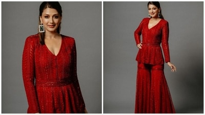 Actor Sonali Bendre, who is currently judging India's Best Dancer, arrived on the sets of the show wearing a gorgeous red embellished ensemble. (Instagram/@iamsonalibendre) Actor Sonali Bendre, who is currently judging India's Best Dancer, arrived on the sets of the show wearing a gorgeous red embellished ensemble. (Instagram/@iamsonalibendre)