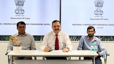 Lt Gen Rajesh Pant (retd), centre, national cyber security coordinator, National Security Council Secretariat, said on Monday said that the National Cyber Security Strategy 2023 is in final stages of approval. (HT)