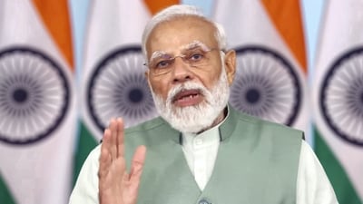 Prime Minister Narendra Modi addresses the Development Ministers Meeting of G-20 that is being held in Varanasi via video message, from New Delhi, Monday, June 12, 2023. (PTI) Prime Minister Narendra Modi addresses the Development Ministers Meeting of G-20 that is being held in Varanasi via video message, from New Delhi, Monday, June 12, 2023. (PTI)