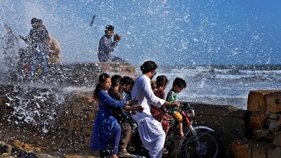 High tide waves on the Arabian Sea in Karachi, Pakistan, Sunday, June 11, 2023. (AP)