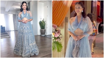 Sunny completed the ensemble by draping a matching ice blue-coloured net dupatta on her shoulders. It comes adorned in dainty sequin embellishments. In the end, Sunny chose statement earrings, a bracelet, rings, killer high heels, a half-tied hairdo, blush pink lips, and a dewy base to glam up the ensemble. (Instagram) Sunny completed the ensemble by draping a matching ice blue-coloured net dupatta on her shoulders. It comes adorned in dainty sequin embellishments. In the end, Sunny chose statement earrings, a bracelet, rings, killer high heels, a half-tied hairdo, blush pink lips, and a dewy base to glam up the ensemble. (Instagram)
