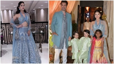 For her first wedding function visit with her family, Sunny Leone wore a lehenga set from the shelves of the clothing label Chamee and Palak. She chose an ice blue lehenga set from their collection, featuring a bralette-style blouse, skirt and a net dupatta. (Instagram) For her first wedding function visit with her family, Sunny Leone wore a lehenga set from the shelves of the clothing label Chamee and Palak. She chose an ice blue lehenga set from their collection, featuring a bralette-style blouse, skirt and a net dupatta. (Instagram)