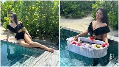 Sunny's monokini features a plunging off-the-shoulder neckline, frilled attachments, and a bodycon silhouette. She wore the swimsuit with open locks, sunnies, and a no-makeup look. (Instagram) Sunny's monokini features a plunging off-the-shoulder neckline, frilled attachments, and a bodycon silhouette. She wore the swimsuit with open locks, sunnies, and a no-makeup look. (Instagram)