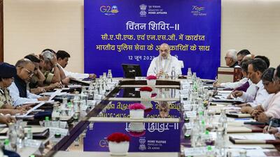 Union home minister Amit Shah during the ‘Chintan Shivir' with police officials posted in CAPF and NSG in New Delhi on Monday (PTI) Union home minister Amit Shah during the ‘Chintan Shivir' with police officials posted in CAPF and NSG in New Delhi on Monday (PTI)