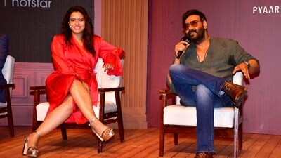 Kajol wore a red dress for The Trial's trailer launch. Ajay Devgan wore blue jeans and green kurta. Directed by Suparn Verma, The Trial will stream on Disney+ Hotstar. (All pics: Varinder Chawla) Kajol wore a red dress for The Trial's trailer launch. Ajay Devgan wore blue jeans and green kurta. Directed by Suparn Verma, The Trial will stream on Disney+ Hotstar. (All pics: Varinder Chawla) 
