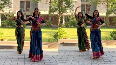 Women in saree performing classical fusion to SRK and Deepika Padukone’s Manwa Laage. (Instagram/@riddhi.gajjar06) Women in saree performing classical fusion to SRK and Deepika Padukone’s Manwa Laage. (Instagram/@riddhi.gajjar06)