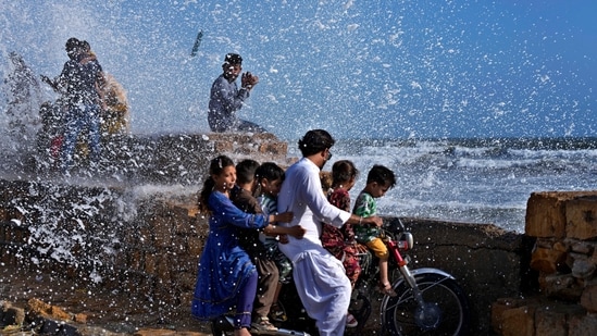 High tide waves on the Arabian Sea in Karachi, Pakistan, Sunday, June 11, 2023. (AP)