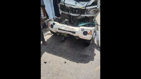 The pick-up vehicle that mowed down two workers at Bhanu village in Panchkula on Monday . (HT Photo)