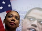 FILE PHOTO: Nassau County Chief of Detectives Keechant Sewell looks on as she is announced the first ever female NYPD Commissioner by incoming New York City Mayor Eric Adams, in Queensbridge Houses, Queens, New York City, U.S., December 15, 2021. REUTERS/Andrew Kelly/File Photo