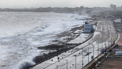 High tide waves hit the Arabian Sea coast in Porbandar on June 11. Ahmedabad IMD director Manorama Mohanty said that the cyclone is likely to cross between Mandvi in Kutch and Karachi in Pakistan near Jakhau port with 125-135 kmph wind speed gusting to 150 kmph on the evening of June 15, reported PTI. (AP) High tide waves hit the Arabian Sea coast in Porbandar on June 11. Ahmedabad IMD director Manorama Mohanty said that the cyclone is likely to cross between Mandvi in Kutch and Karachi in Pakistan near Jakhau port with 125-135 kmph wind speed gusting to 150 kmph on the evening of June 15, reported PTI. (AP)
