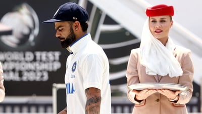 India's Virat Kohli passes through the winner's mace during the presentation ceremony as Australia wins the ICC World Test Championship Final 2023. (ICC Twitter) India's Virat Kohli passes through the winner's mace during the presentation ceremony as Australia wins the ICC World Test Championship Final 2023. (ICC Twitter)