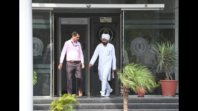 Former chief minister of Punjab Charanjit Singh Channi coming out from the VB office in Mohali. (Ravi Kumar/HT)