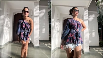 Hina teamed the blouse with white denim shorts featuring an extremely distressed design, a bodycon fitting and a high-rise waist. She completed the look with tinted sunglasses, a ring, dainty earrings, a backswept hairdo, a sleek watch, blushed dewy skin, mauve lip shade, and on-fleek brows. It is the perfect summer vacation look you need in your closet. (Instagram) Hina teamed the blouse with white denim shorts featuring an extremely distressed design, a bodycon fitting and a high-rise waist. She completed the look with tinted sunglasses, a ring, dainty earrings, a backswept hairdo, a sleek watch, blushed dewy skin, mauve lip shade, and on-fleek brows. It is the perfect summer vacation look you need in your closet. (Instagram)