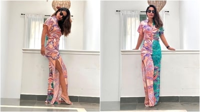 Meanwhile, this is not the first time Hina has served summer fashion goals. Recently, she posted pictures from her holiday in Goa featuring the star posing in a colourful tropical printed co-ord ensemble. She wore a button-up shirt and high-waisted pants with thigh-high slits on the side. (Instagram) Meanwhile, this is not the first time Hina has served summer fashion goals. Recently, she posted pictures from her holiday in Goa featuring the star posing in a colourful tropical printed co-ord ensemble. She wore a button-up shirt and high-waisted pants with thigh-high slits on the side. (Instagram)