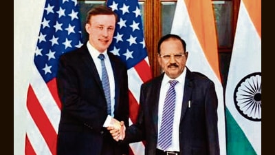 NSA Ajit Doval with his US counterpart Jake Sullivan in New Delhi on Tuesday. (ANI) NSA Ajit Doval with his US counterpart Jake Sullivan in New Delhi on Tuesday. (ANI)