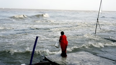 "Cyclone Warning for Saurashtra and Kutch Coasts: Orange Message. VSCS BIPARJOY at 0530IST of today about 300km WSW of Porbandar, 290km SW of Devbhumi Dwarka, 340km SSW of Jakhau Port, 350km SSW of Naliya. To cross near Jakhau Port (Gujarat) by the evening of 15th June as VSCS," the IMD tweeted. (PTI) "Cyclone Warning for Saurashtra and Kutch Coasts: Orange Message. VSCS BIPARJOY at 0530IST of today about 300km WSW of Porbandar, 290km SW of Devbhumi Dwarka, 340km SSW of Jakhau Port, 350km SSW of Naliya. To cross near Jakhau Port (Gujarat) by the evening of 15th June as VSCS," the IMD tweeted. (PTI)