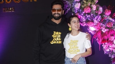 Sara Ali Khan and Vicky Kaushal were all smiles as they posed for photos at the success party of their film Zara Hatke Zara Bachke. They also wore special T-shirts with Zara Hatke Zara Bachke written on them. (All pics: Varinder Chawla) Sara Ali Khan and Vicky Kaushal were all smiles as they posed for photos at the success party of their film Zara Hatke Zara Bachke. They also wore special T-shirts with Zara Hatke Zara Bachke written on them. (All pics: Varinder Chawla)