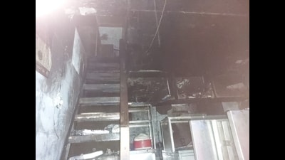Three persons were killed after a fire broke out inside a hotel at the Market Yard area at around 1 am on Tuesday. (HT PHOTO)