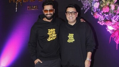 Vicky Kaushal and producer Dinesh Vijan also posed for photos. The duo was in high spirits and joked with one one another. Vicky Kaushal and producer Dinesh Vijan also posed for photos. The duo was in high spirits and joked with one one another. 
