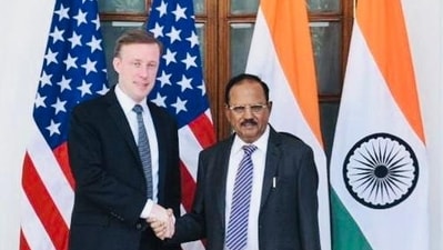 National security advisor Ajit Doval with his US counterpart Jake Sullivan. National security advisor Ajit Doval with his US counterpart Jake Sullivan.