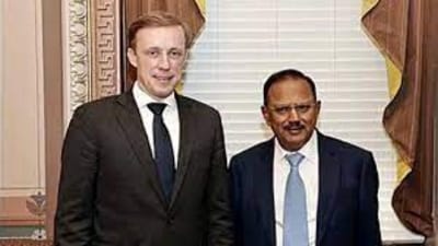 National Security Advisor Ajit Doval with his US counterpart Jake Sullivan. National Security Advisor Ajit Doval with his US counterpart Jake Sullivan.