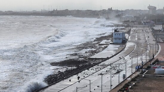 High tide waves hit the Arabian Sea coast in Porbandar on June 11. Ahmedabad IMD director Manorama Mohanty said that the cyclone is likely to cross between Mandvi in Kutch and Karachi in Pakistan near Jakhau port with 125-135 kmph wind speed gusting to 150 kmph on the evening of June 15, reported PTI.&nbsp;(AP)