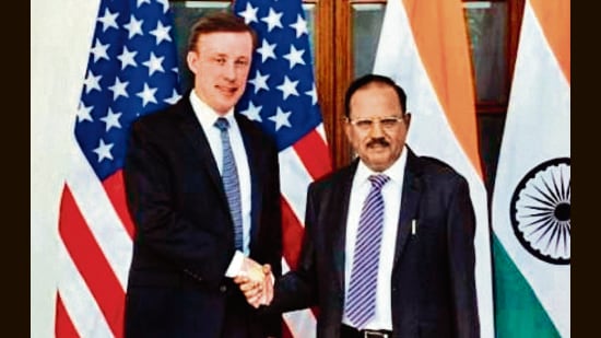 NSA Ajit Doval with his US counterpart Jake Sullivan in New Delhi on Tuesday. (ANI)